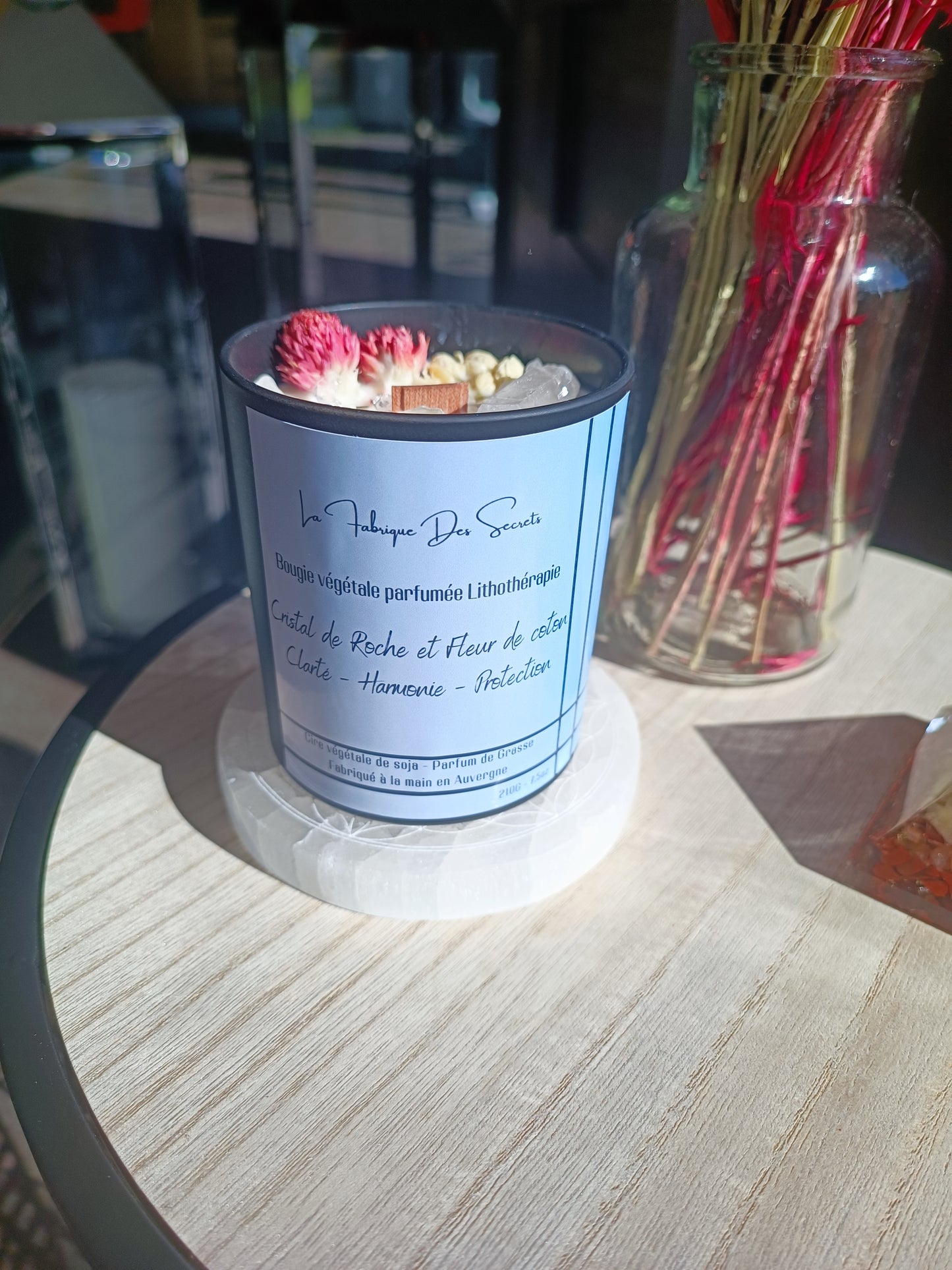 Bougie Lithothérapie - Cristal de Roche et Fleur de Coton